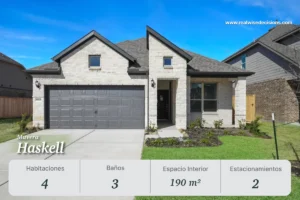 El modelo Haskell en Mavera Conroe Texas cuenta con 4 habitaciones, 3 baños y 190 m² interiores. Una opción de bienes raíces en Texas pensada para quienes desean invertir en Houston con comodidad y diseño moderno.