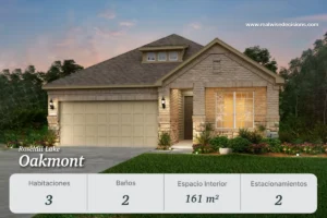 El modelo Oakmont en Rosehill Lake Magnolia Texas ofrece 3 habitaciones, 2 baños y 161 m². Perfecto para familias que buscan casas con amenidades cerca de Houston.