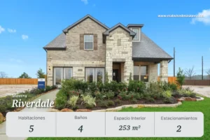 El modelo Riverdale en Mavera Conroe Texas ofrece 5 habitaciones, 4 baños y 253 m² interiores. Ideal para familias grandes que buscan invertir en Houston Texas con una propiedad amplia y moderna.