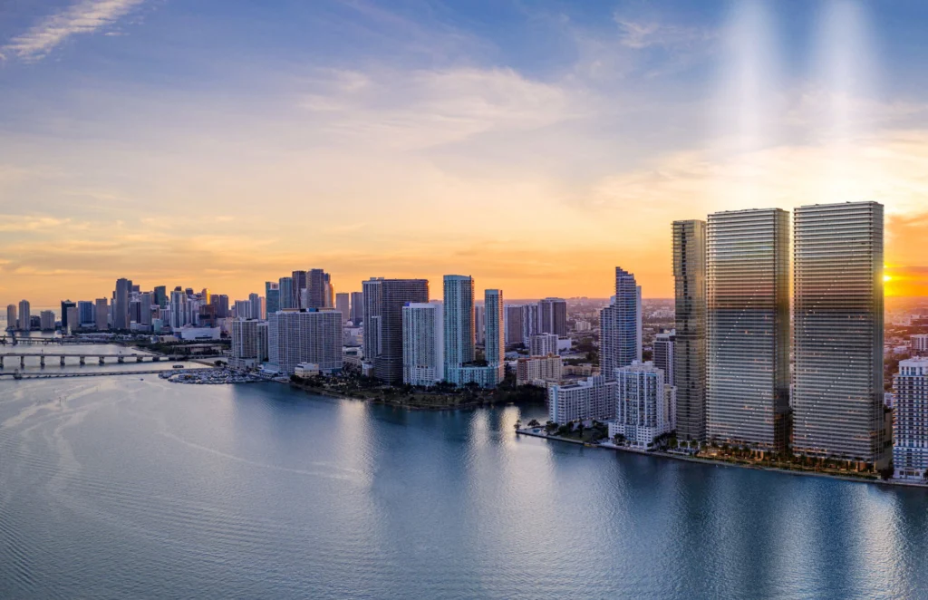 Vista aérea al atardecer de torres Aria Reserve en Miami