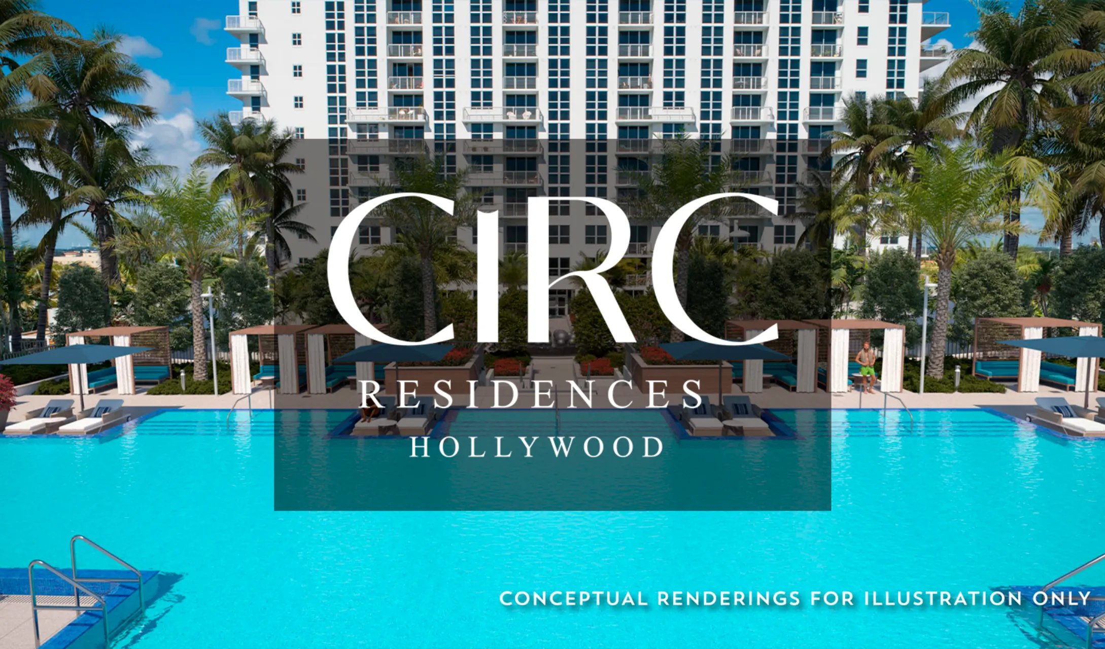 Piscina moderna en Circ Residences Hollywood con palmeras y fachada de apartamentos de lujo en Florida.
