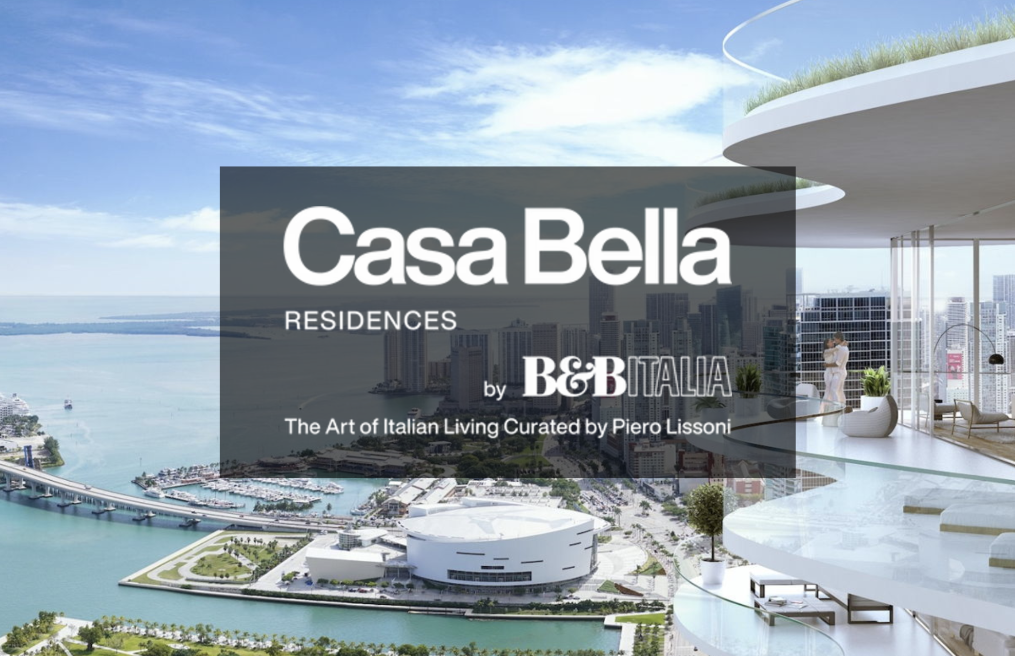 Terraza de Casa Bella Miami con vista panorámica a la ciudad y logo del proyecto