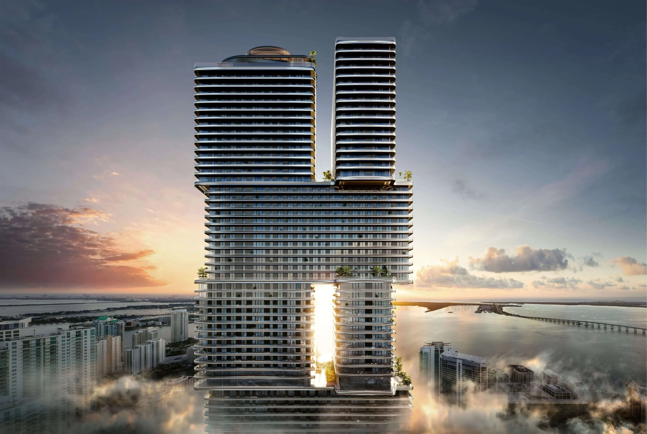 Mercedes Benz Places en Miami, torre de lujo con arquitectura innovadora y vistas a la Bahía de Biscayne.