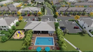 Vista aérea de Merrick Square en Pembroke Pines, mostrando la piscina, áreas verdes, juegos infantiles y townhouses de lujo en un entorno exclusivo.