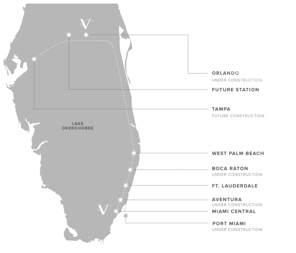 Mapa de Florida con las estaciones actuales y futuras de conexión destacando la ubicación de Visions at Brickell Station en Miami, ideal para inversión inmobiliaria y vida urbana en Florida.