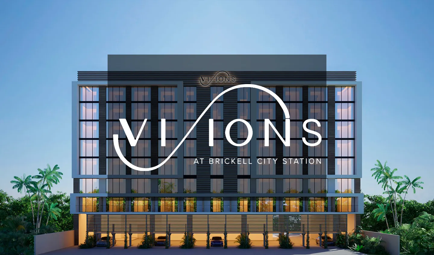 Fachada principal de Visions at Brickell Station en Miami, condominios de lujo con vida urbana en Florida.