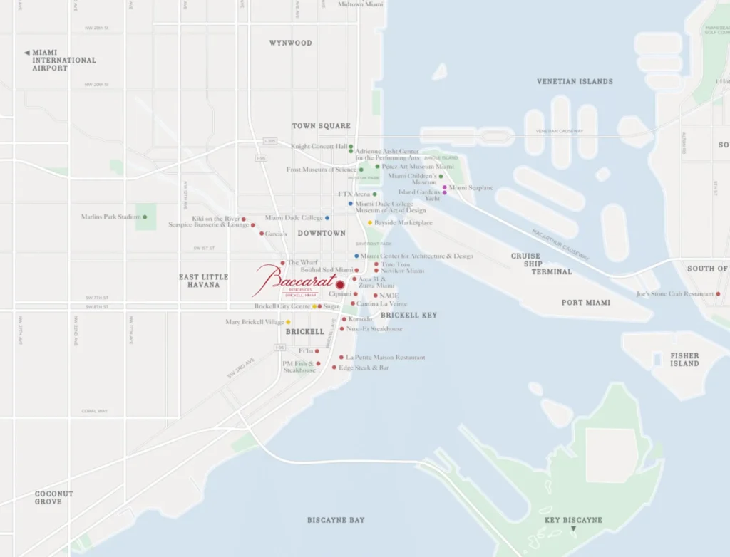 Mapa de ubicación de Baccarat Residences en Brickell Miami cerca de lugares icónicos