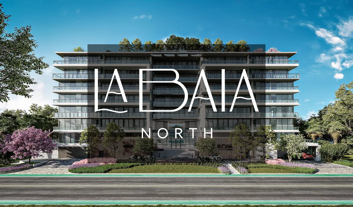 Fachada principal de La Baia North, condominios de lujo en Miami.