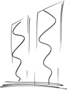 Boceto conceptual de las torres gemelas Aria Reserve Miami con curvas icónicas en la fachada