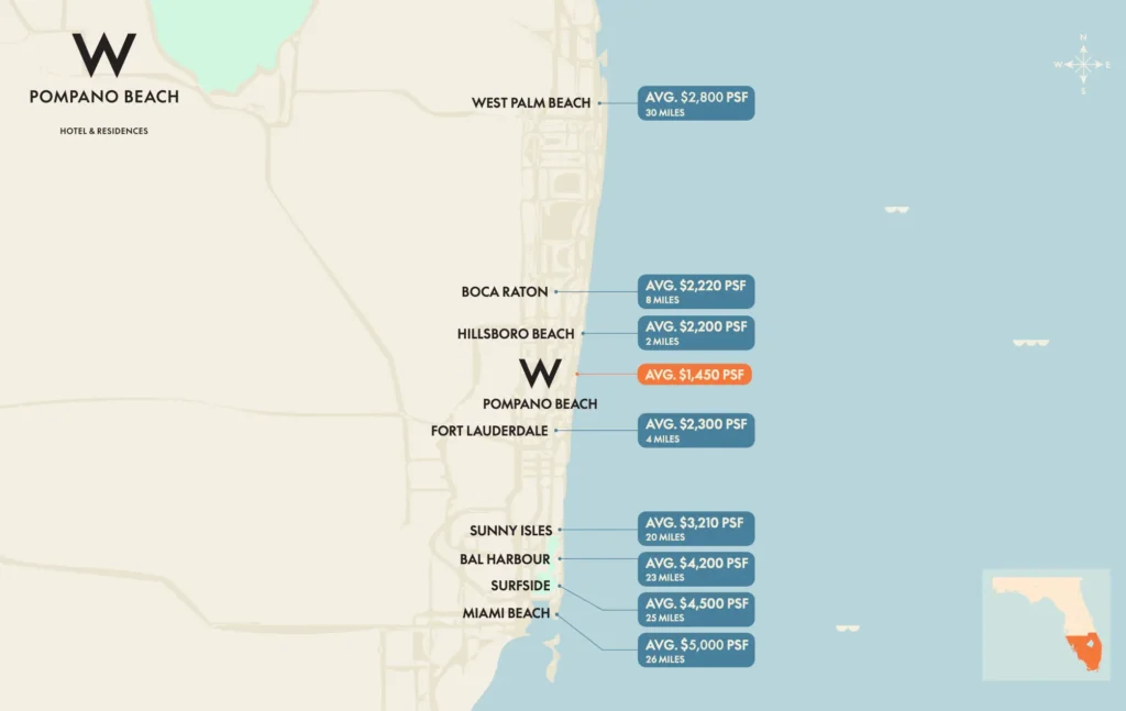 Mapa comparativo de precios por pie cuadrado en Pompano Beach vs Miami Beach y zonas cercanas en Florida