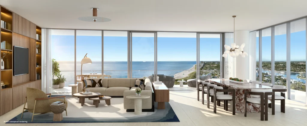 Sala y comedor de residencia en W Pompano Beach con ventanales de piso a techo y vista panorámica al océano