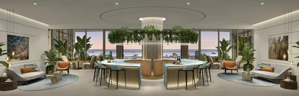 Luxury bar lounge en Andare Residences by Pininfarina con diseño italiano y vistas panorámicas de Fort Lauderdale
