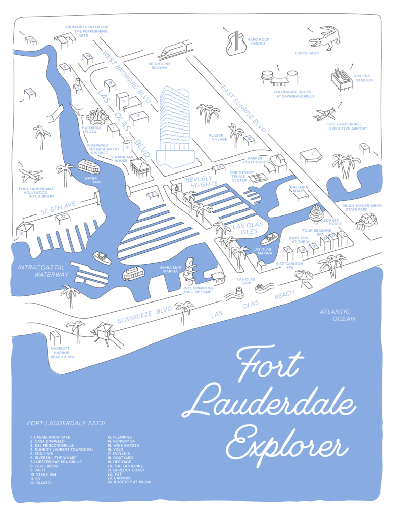 Mapa ilustrado de Fort Lauderdale y Las Olas con puntos de interés, restaurantes, marina y zonas exclusivas cercanas a Andare Residences