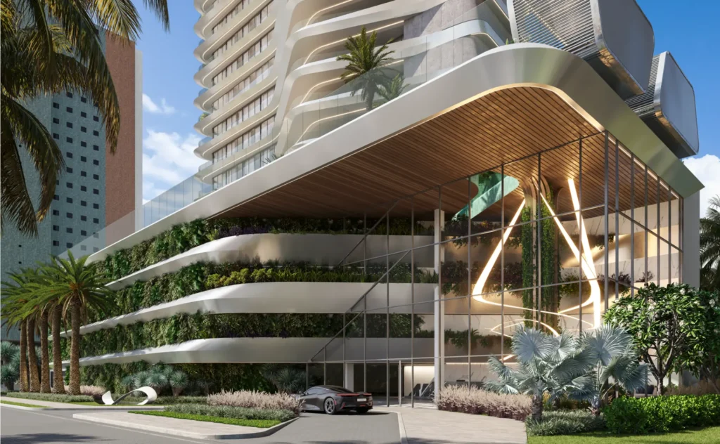 Entrada principal de Andare Residences by Pininfarina con arquitectura contemporánea y diseño italiano en Las Olas Boulevard